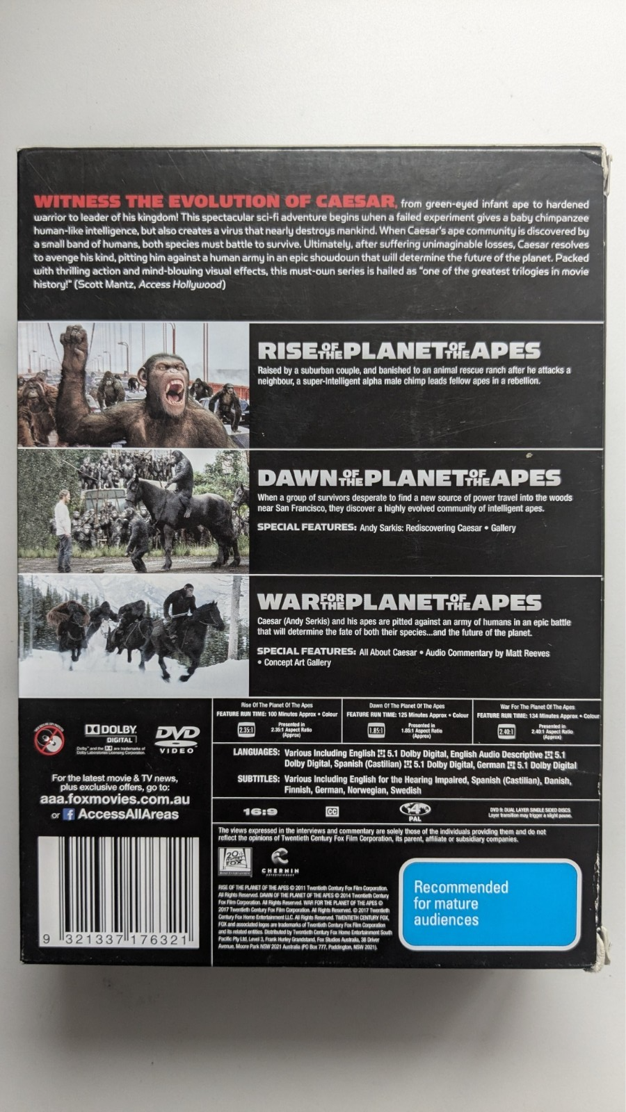 Planet of The Apes DVD Trilogy Rise  Dawn and War